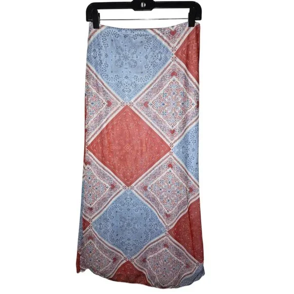 See You Monday Red Blue Hanky Heart Print Stretch Straight Maxi Skirt S/M NWT - Picture 2 of 9
